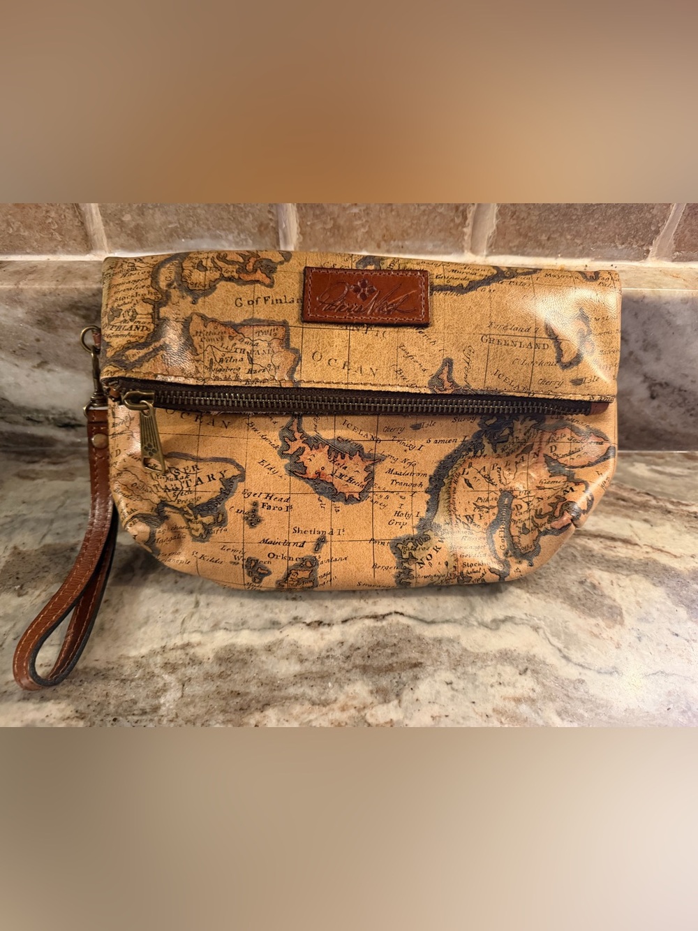 Patricia Nash Old European map Print Foldover Wristlet with Brown Strap